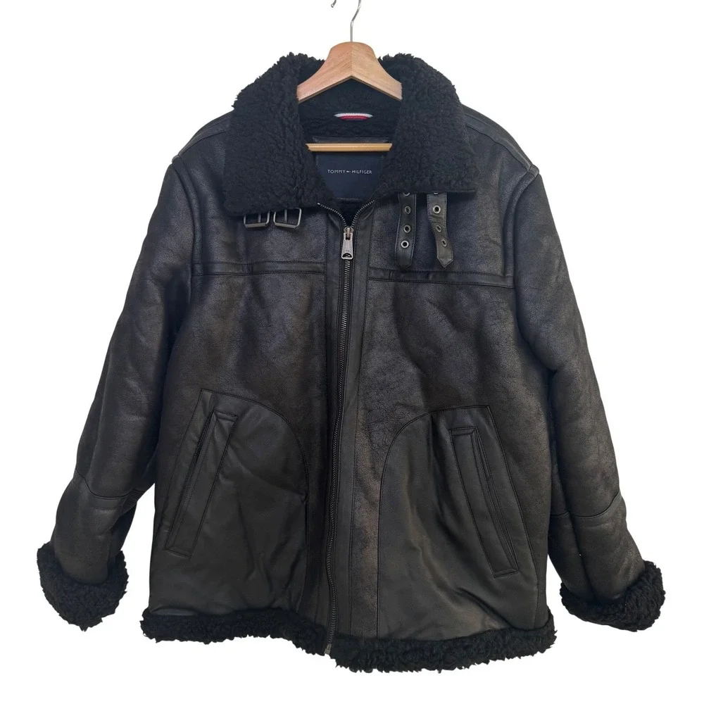 Tommy Hilfiger Men's Black‎ Faux Leather Shearling Lined Aviator Jacket Size L